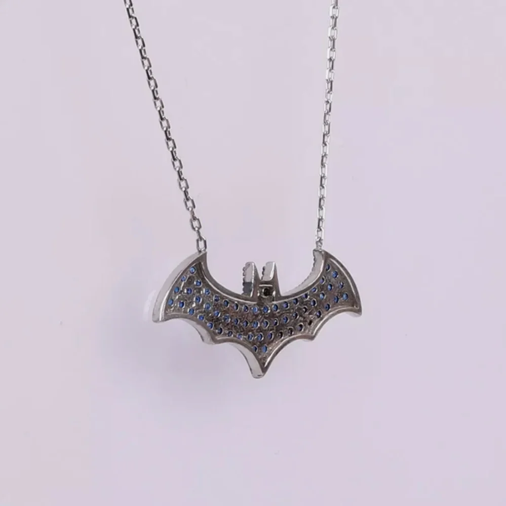 Halloween Deep Blue Sapphire & Sterling Bat Adjustable Necklace with Onyx Eyes - Picture 4 of 8